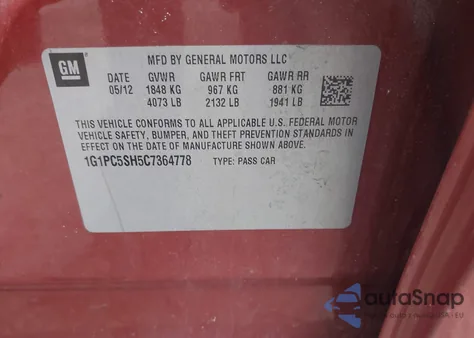 2012 Chevrolet Cruze Ls z USA, uszkodzony, nr VIN 1G1PC5SH5C7364778